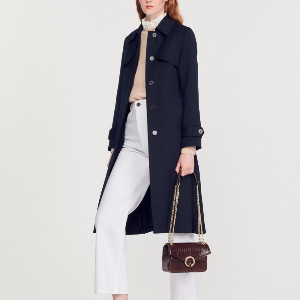 Sandro Navy Pleated Back Trench Coat